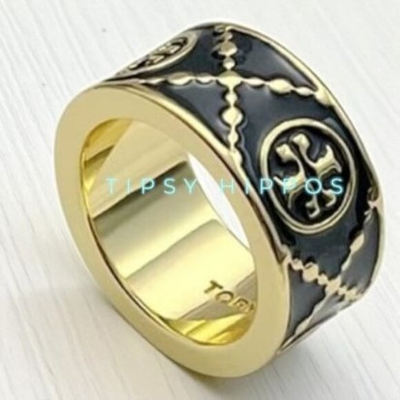 Size 8- NEW!!  Tory Burch Black and Gold Monogram Ring - Picture 1 of 2